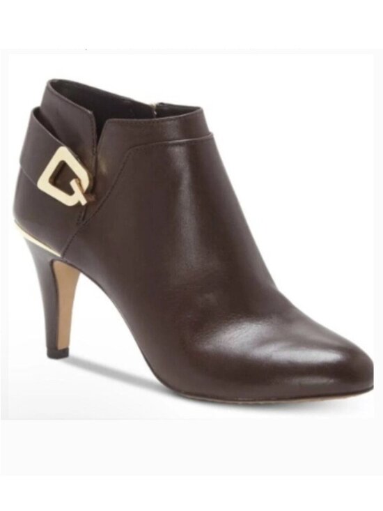 Vince Camuto Shoes - Vince Camuto Vernaya Ankle Booties 10M Espresso Brown Leather Gold Buckle Heels